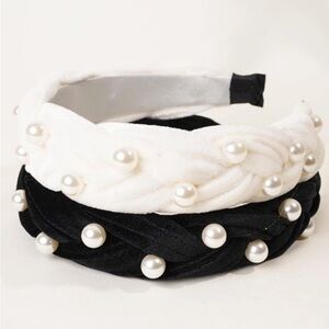 Brand New: Black and White Velvet Pearl Style Hairband Set (2 pcs)